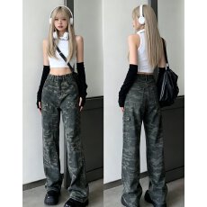 批发美式迷彩工装牛仔裤男春季潮牌复古直筒高街vibe微喇<b class='q'>休闲</b>长裤子