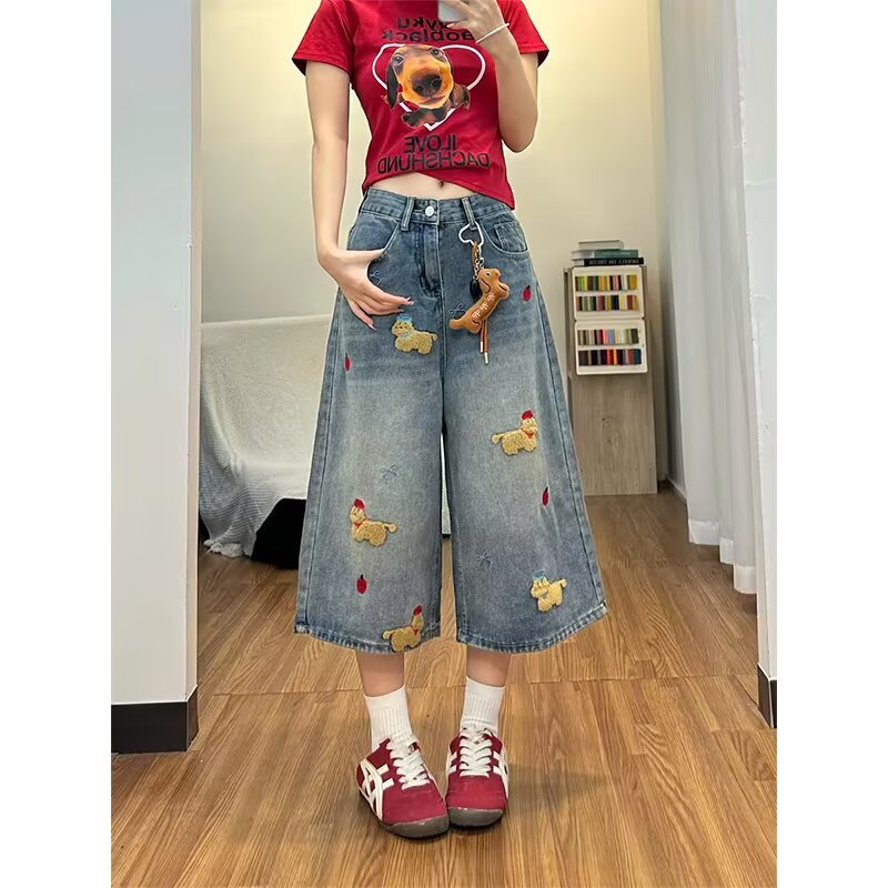 2026 만화 자수 강아지 파란색 데님 7부 바지 여성 아메리칸 레트로 여름 작은 대중 다용도 반바지