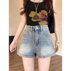 批发夏季新款美式复古牛仔<b class='q'>短裤</b>女宽松遮胯高腰阔腿显瘦A字热裤子