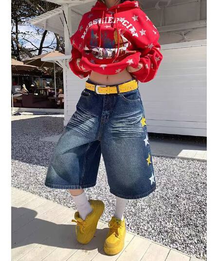 아메리칸 레트로 별 프린트 데님 7부 바지 여름 얇은 스타일 바지 루즈핏 워싱 넓은 다리가 짧다. 바지