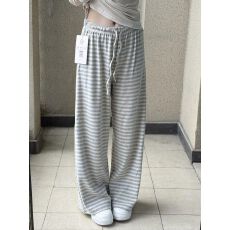 批发软糯舒适灰色条纹休闲裤女夏薄款宽松显瘦运动<b class='q'>百搭</b>慵懒直筒阔腿裤