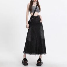 批发胖mm大码女装毛边高腰牛仔半身裙女秋季宽松<b class='q'>百搭</b>显瘦a字半身裙子
