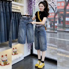 批发美式复古水洗闪电纹弯刀牛仔<b class='q'>短裤</b><b class='q'>男</b>女夏季宽松阔腿<b class='q'>七分裤</b>潮牌情侣