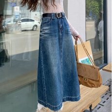 批发复古毛边高腰牛仔裙女中长款秋<b class='q'>冬</b>秋季梨形身材高个子a字半身长裙
