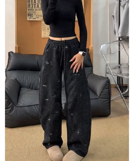 아메리칸 도루 센스 찢어진 부분 캐주얼 바지 여자 봄 가을 얇은 스타일 다용도 트렌드 웨이 바지 운동 스트레이트 와이드 레그 팬츠 어린이