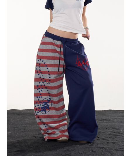 아메리칸 레트로 패치워크 색상 별 스트라이프 모통이 칼 캐주얼 바지 여성 루즈핏 느긋한 도루 센스 핫걸 와이드 레그 팬츠