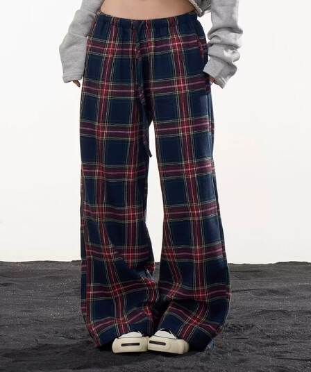 아메리칸 레트로 체크무늬 바지 남녀 루즈핏 와이드 레그 팬츠 여름 느긋한 바람 캐주얼 바지 도루 센스 바닥 청소 바지