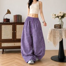 时尚裤子女潮牌满印垂感休闲阔腿裤复古百搭显瘦褶皱长裤潮流