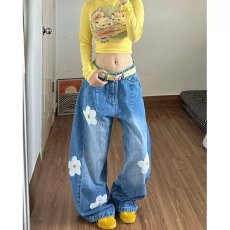 批发美式设计感花朵贴布刺绣<b class='q'>牛仔裤</b>女2026新款宽松显瘦百搭阔腿长裤