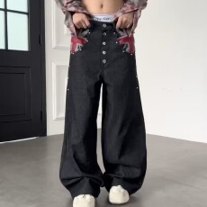 批发美式黑色原牛提花牛仔裤拼接明线设计秋季男百搭氛围感微喇<b class='q'>长裤</b>