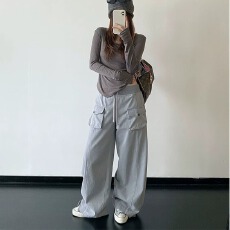 批发灰色休闲工装裤女直筒大码2026秋季新款宽松显瘦梨型身材阔腿裤