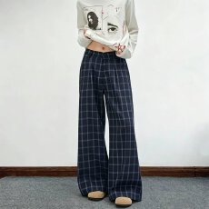 批发美式美式藏色格子休闲长裤<b class='q'>男</b>潮牌垂感直筒裤学生宽松透气新款