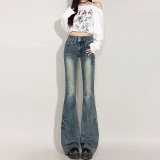 批发胖mm时尚双扣设计微喇牛仔<b class='q'>裤</b>女新款复古修身<b class='q'>弹力</b>高腰大码喇叭长<b class='q'>裤</b>