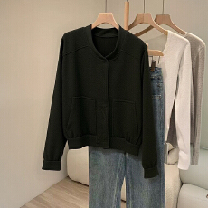 批发深灰色短款正肩毛呢外套女早秋秋季高级感宽松棒球服开衫夹克上衣