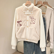 批发白色半高领马海毛<b class='q'>毛衣</b>外套女秋季秋冬水貂绒加绒加厚立领针织开衫