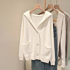 批发韩版时尚白色连帽V领<b class='q'>毛衣</b>外套女2025冬季慵懒软糯双口袋针织开衫