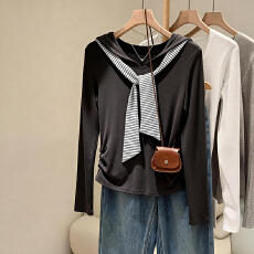 批发灰色海军领假两件<b class='q'>条纹</b>披肩长袖t恤女秋季修身收腰内搭<b class='q'>打底衫</b>上衣