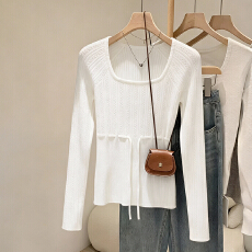 批发白色方领正肩长袖针织衫女秋冬冬季高级感内搭打底衫毛衣短款上衣