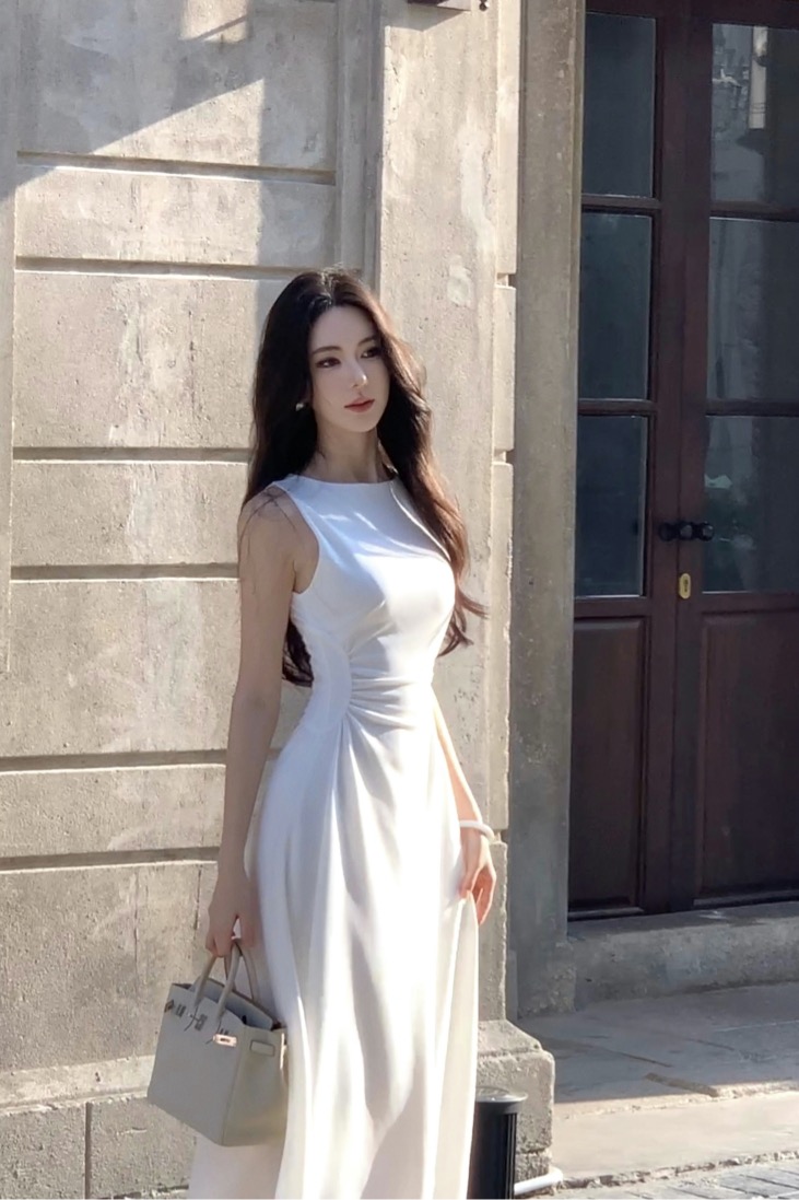 프랑스식 품격 미니멀리즘 높음 지혜 센스 화이트 드레스 관대 한 점잖은 디자인 센스 허리 수축 한 마디 롱 스커트 여름 섹션
