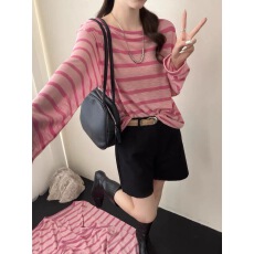 批发韩系粉色条纹阔版冰丝<b class='q'>防晒</b>T恤2026夏季新款女慵懒风减龄上衣y02