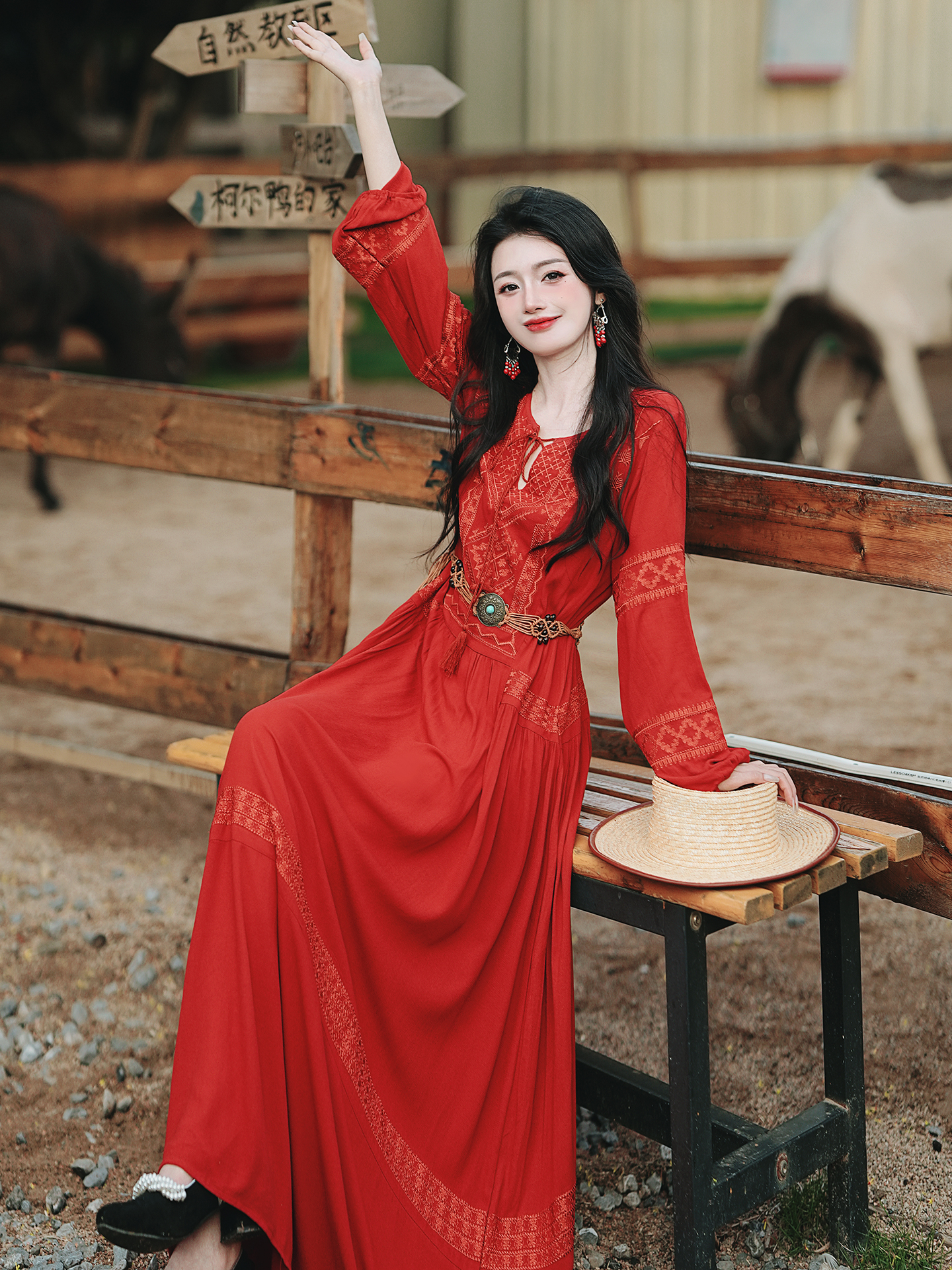 MY13242# 红色波西米亚度假风长袖连衣裙长裙送腰带女裝貨源服裝批發