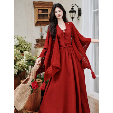 批发语希实拍上新 红色港风缪斯女神度假挂脖复古<b class='q'>露背</b><b class='q'>连衣裙</b>+披肩