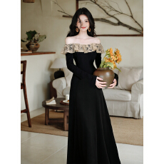 批发语希实拍上新  重工蕾丝拼接显瘦小黑裙法式复古<b class='q'>礼服</b>