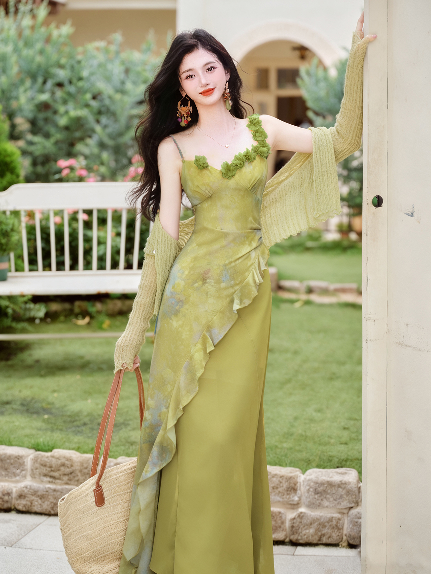 언어 그리스어 진짜 사진 찍기 새로운 녹색 슬립 드레스 코디 재킷 투피스 세트 세트 휴가 디자인 센스 치마