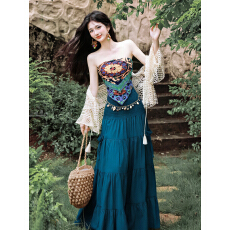 批发语希<b class='q'>实拍</b>  印花抹胸上衣搭配半身裙度假风<b class='q'>外套</b>套装 送腰链