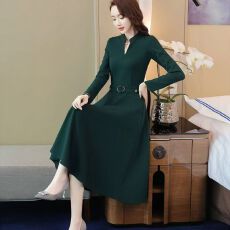 批发2025春秋长袖连衣裙女新款春装韩版时尚中长款气质显瘦V领A字<b class='q'>裙子</b>