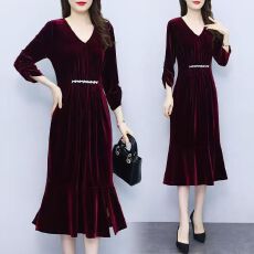 批发春秋<b class='q'>高端</b>新款纯色金丝绒中长过膝<b class='q'>连衣裙</b>气质收腰修身显瘦鱼尾裙子