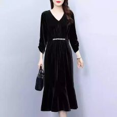 批发春秋<b class='q'>高端</b>新款纯色金丝绒中长过膝<b class='q'>连衣裙</b>气质收腰修身显瘦鱼尾裙子
