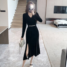 批发春秋<b class='q'>高端</b>新款纯色金丝绒中长过膝<b class='q'>连衣裙</b>气质收腰修身显瘦鱼尾裙子