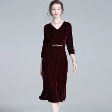 批发春秋<b class='q'>高端</b>新款纯色金丝绒中长过膝<b class='q'>连衣裙</b>气质收腰修身显瘦鱼尾裙子