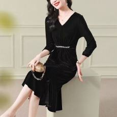 批发春秋<b class='q'>高端</b>新款纯色金丝绒中长过膝<b class='q'>连衣裙</b>气质收腰修身显瘦鱼尾裙子