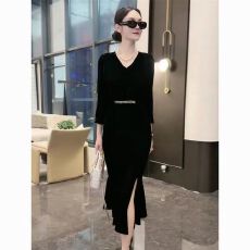 批发春秋<b class='q'>高端</b>新款纯色金丝绒中长过膝<b class='q'>连衣裙</b>气质收腰修身显瘦鱼尾裙子