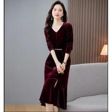 批发春秋<b class='q'>高端</b>新款纯色金丝绒中长过膝<b class='q'>连衣裙</b>气质收腰修身显瘦鱼尾裙子