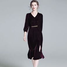 批发春秋<b class='q'>高端</b>新款纯色金丝绒中长过膝<b class='q'>连衣裙</b>气质收腰修身显瘦鱼尾裙子