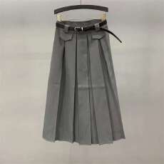 批发灰色<b class='q'>西装</b>面料中长款百褶裙女2026新款高腰显瘦气质A字半身长裙子