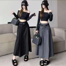 批发灰色工装半身裙女中长款春装设计感高腰a字大摆裙垂感百褶<b class='q'>西装</b>裙