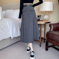 批发灰色百褶<b class='q'>西装</b>裙女2024春夏新款时尚高腰中长款显瘦a字包臀半身裙