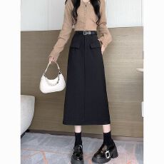 批发灰色百褶<b class='q'>西装</b>裙女2024春夏新款时尚高腰中长款显瘦a字包臀半身裙