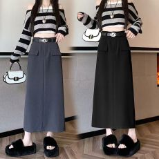 批发灰色百褶<b class='q'>西装</b>裙女2024春夏新款时尚高腰中长款显瘦a字包臀半身裙