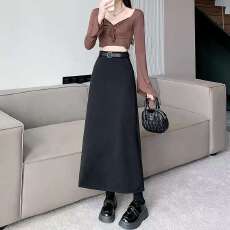 批发秋季<b class='q'>西装</b>开叉a字裙带口袋高腰气质显瘦裙简约风春秋中长款半身裙