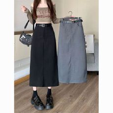 批发黑色<b class='q'>西装</b>半身裙女春夏2026新款高腰垂感a字显瘦直筒裙开叉中长裙