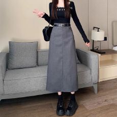 批发黑色<b class='q'>西装</b>半身裙女春夏2026新款高腰垂感a字显瘦直筒裙开叉中长裙