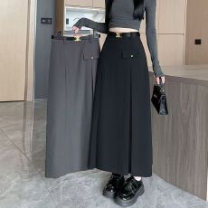 批发韩版西装假口袋女2026秋冬高腰遮胯a字裙小个子显瘦中<b class='q'>长款</b>百褶裙