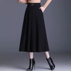 批发黑色<b class='q'>半身</b>裙女春夏秋中长款a字百褶高腰显瘦大摆裙大码遮肚子高档