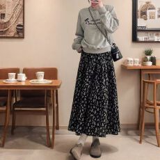 批发黑色碎花半身裙女高腰夏季大码<b class='q'>胖</b><b class='q'>mm</b>遮胯显瘦梨形身材中长款a字裙