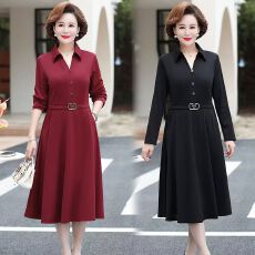 批发气质中年<b class='q'>妈妈</b>装春装连衣裙中长款<b class='q'>裙子</b>收腰显瘦<b class='q'>中老年</b>女装过膝长裙